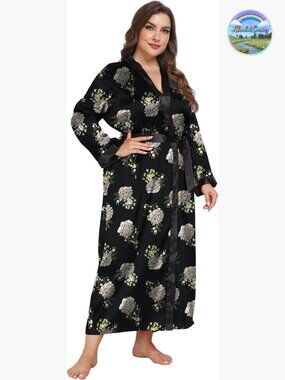 Women Plus Size Silky Kimono Robe Floral Long Bathrobe Sleepwear Dressing Gown